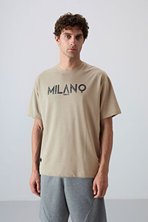 Bej Pamuklu Kalın Yumuşak Dokulu Oversize Fit Baskılı Erkek T-Shirt - 88345
