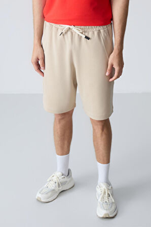 Bej Pamuklu Kalın Yumuşak Dokulu Standart Fit Basic Erkek Şort  - 81278