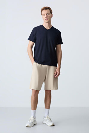 Bej Pamuklu Kalın Yumuşak Dokulu Standart Fit Basic Erkek Şort  - 81275