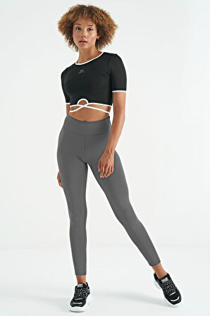 Koyu Gri Logo Baskı Detaylı Yüksek Bel Dalgıç Kumaş Slim Fit Kadın Tayt - 94627