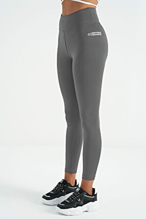 Koyu Gri Logo Baskı Detaylı Yüksek Bel Dalgıç Kumaş Slim Fit Kadın Tayt - 94627