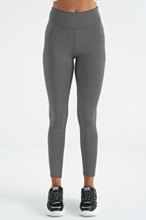 Koyu Gri Logo Baskı Detaylı Yüksek Bel Dalgıç Kumaş Slim Fit Kadın Tayt - 94627