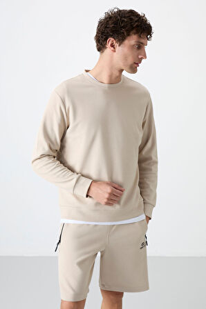 Bej Basic O Yaka Rahat Form Erkek Sweatshirt - 88053