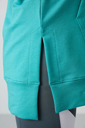 Deniz Yeşili Balon Kol Yazı Nakışlı Kadın Oversize Tunik Sweatshirt - 97163