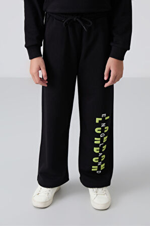 Siyah Pamuklu İçi Tüylü Yumuşak Dokulu Oversize Baskılı Kız Çocuk Eşofman Takım - 75147