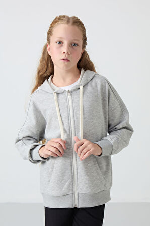 Gri Melanj Pamuklu İçi Tüylü Yumuşak Dokulu Standart Fit Nakışlı Kız Çocuk Sweatshirt - 75149