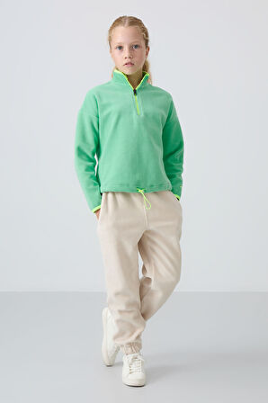 Su Yeşil Kalın Yumuşak Dokulu Standart Fit Nakışlı Polar Kız Çocuk Sweatshirt - 75151