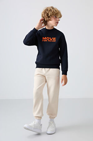 Lacivert Pamuklu Kalın İçi Tüylü Yumuşak Dokulu Standart Fit Baskılı Erkek Çocuk Sweatshirt - 11216