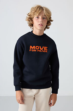 Lacivert Pamuklu Kalın İçi Tüylü Yumuşak Dokulu Standart Fit Baskılı Erkek Çocuk Sweatshirt - 11216