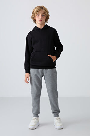 Siyah Pamuklu Kalın İçi Tüylü Yumuşak Dokulu Standart Fit Baskılı Erkek Çocuk Sweatshirt - 11215