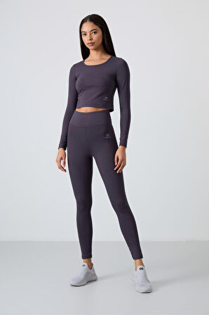 Antrasit Yüksek Bel Uzun Kollu Slim Fit Crop Top Kadın Tayt Takım - 95286
