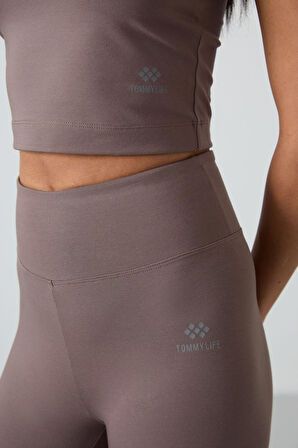 Kahvrengi Yüksek Bel Kapri-Crop Atlet Slim Fit Kadın Tayt Takım - 95284