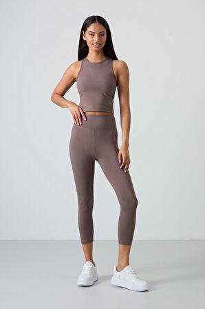 Kahvrengi Yüksek Bel Kapri-Crop Atlet Slim Fit Kadın Tayt Takım - 95284
