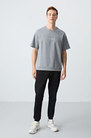 Gri Melanj  Siyah Pamuklu Kalın Yumuşak Dokulu Oversize Fit Basic Erkek Eşofman Takım - 85261