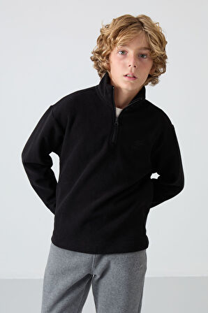 Siyah Kalın Yumuşak Dokulu Standart Fit Nakışlı Polar Erkek Çocuk Sweatshirt - 11221