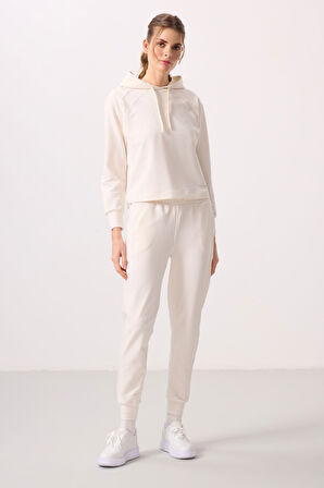 Ekru Kapüşonlu Oversize Kadın Eşofman Takım - 95336