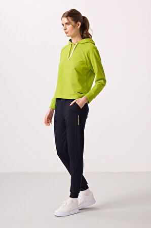 Lime Yeşil-Lacivert Kapüşonlu Oversize Kadın Eşofman Takım - 95336