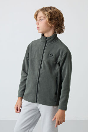 Haki Kalın Yumuşak Dokulu Standart Fit Nakışlı Polar Erkek Çocuk Sweatshirt - 11223