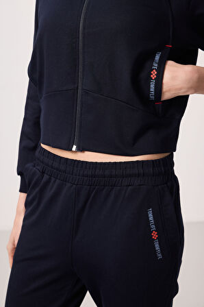 Lacivert Kapüşonlu Fermuarlı Oversize Kadın Eşofman Takım - 95328