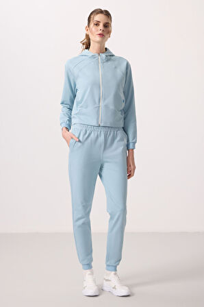 Açık Mavi Kapüşonlu Fermuarlı Oversize Kadın Eşofman Takım - 95328