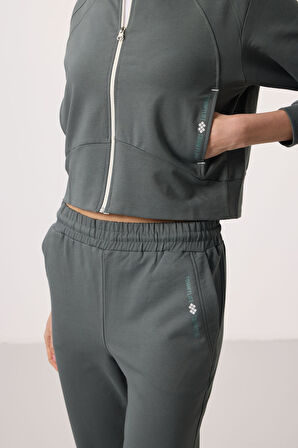 Haki Kapüşonlu Fermuarlı Oversize Kadın Eşofman Takım - 95328