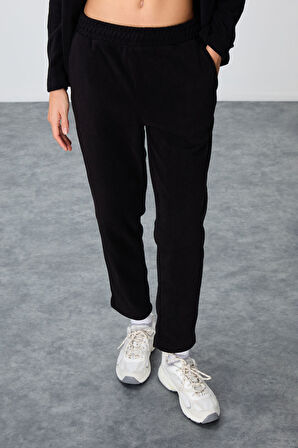 Siyah Kalın Yumuşak Dokulu Dik Yaka Oversize Nakışlı Polar Kadın Eşofman Takım -95339