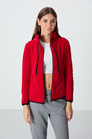Kırmızı Kalın Yumuşak Dokulu Kapüşonlu Standart Fit Nakışlı Polar Kadın Sweatshirt -97287