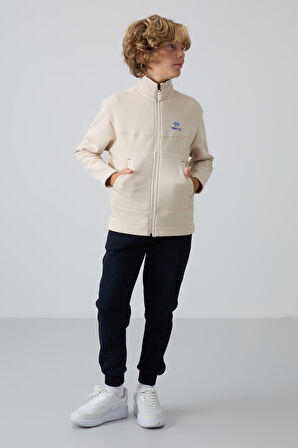 Bej Pamuklu Kalın İçi Tüylü Yumuşak Dokulu Standart Fit Nakışlı Erkek Çocuk Sweatshirt - 11245