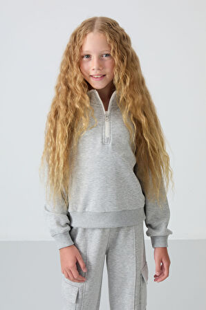 Gri Melanj Pamuklu İçi Tüylü Yumuşak Dokulu Standart Fit Nakışlı Kız Çocuk Eşofman Takım - 75159