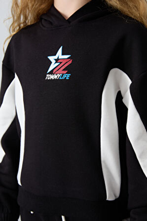 Siyah Pamuklu İçi Tüylü Yumuşak Dokulu Standart Fit Baskılı Kız Çocuk Eşofman Takım - 75166