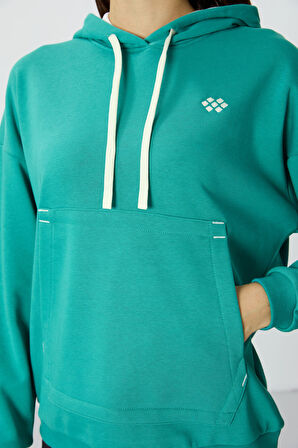 Deniz Yeşili Kompakt Pamuklu Kalın Pürüzsüz Dokulu Kapüşonlu Oversize Fit Kadın Sweatshirt - 97291