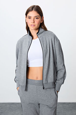 Gri Melanj Kompakt Pamuklu Kalın Pürüzsüz Dokulu Dik Yaka Oversize Fit Kadın Eşofman Takım - 95340