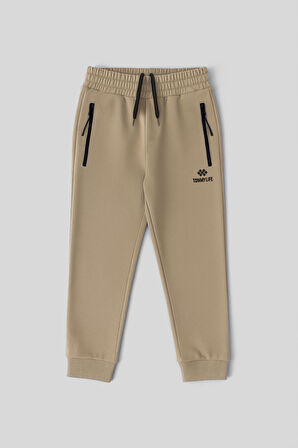 Koyu Bej Fermuarlı Standart Fit İnce Erkek Çocuk Eşofman Alt - 64042