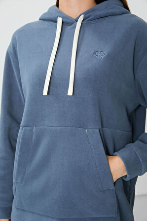 Petrol Kalın Yumuşak Dokulu Kapüşonlu Oversize Nakışlı Polar Kadın Sweatshirt - 97292