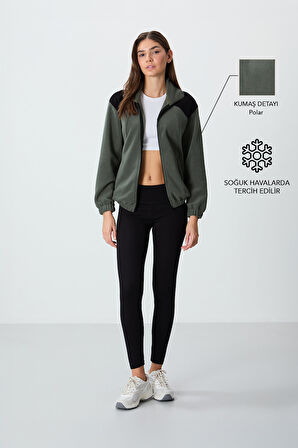 Haki Kalın Yumuşak Dokulu Dik Yaka Oversize Nakışlı Polar Kadın Sweatshirt - 97293