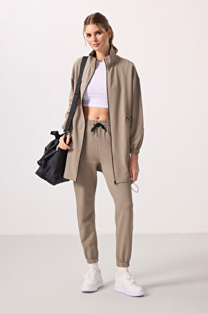 Koyu Bej Dik Yaka Fermuarlı Rahat Form Kadın Eşofman Tunik Takım - 95345