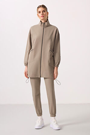 Koyu Bej Dik Yaka Fermuarlı Rahat Form Kadın Eşofman Tunik Takım - 95345