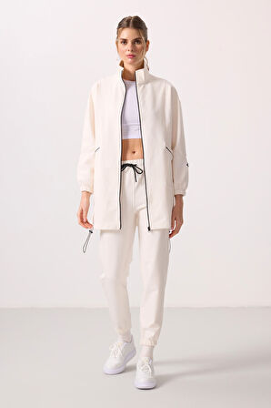 Ekru Dik Yaka Fermuarlı Rahat Form Kadın Eşofman Tunik Takım - 95345