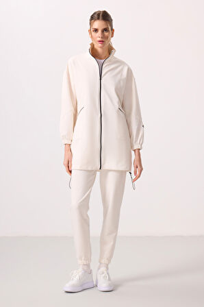 Ekru Dik Yaka Fermuarlı Rahat Form Kadın Eşofman Tunik Takım - 95345