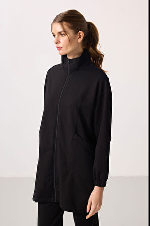 Siyah Dik Yaka Fermuarlı Rahat Form Kadın Eşofman Tunik Takım - 95345