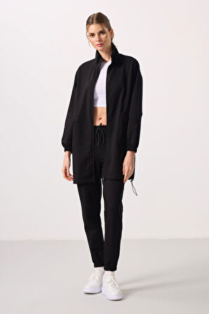 Siyah Dik Yaka Fermuarlı Rahat Form Kadın Eşofman Tunik Takım - 95345
