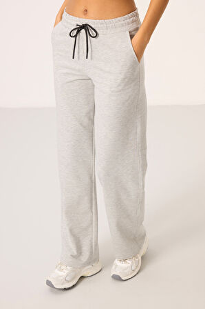 Gri Melanj Dik Yaka Fermuarlı Pamuklu Kadın Eşofman Tunik Takım - 95346