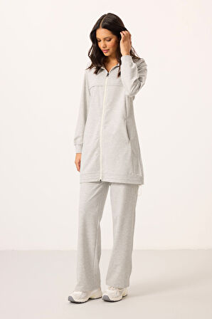 Gri Melanj Dik Yaka Fermuarlı Pamuklu Kadın Eşofman Tunik Takım - 95346