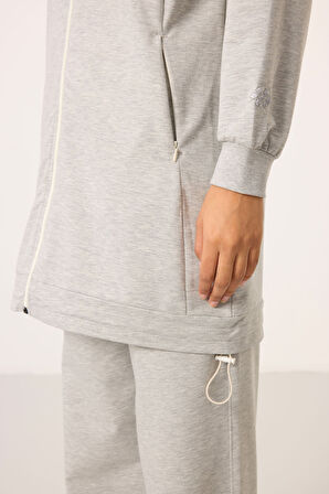 Gri Melanj Dik Yaka Fermuarlı Pamuklu Kadın Eşofman Tunik Takım - 95346