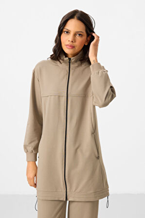 Koyu Bej Dik Yaka Fermuarlı Pamuklu Kadın Eşofman Tunik Takım - 95346