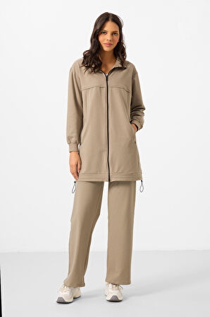 Koyu Bej Dik Yaka Fermuarlı Pamuklu Kadın Eşofman Tunik Takım - 95346