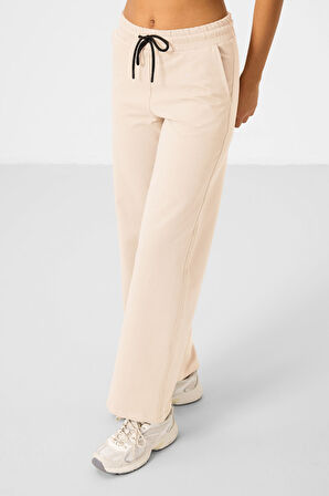 Ekru Dik Yaka Fermuarlı Pamuklu Kadın Eşofman Tunik Takım - 95346