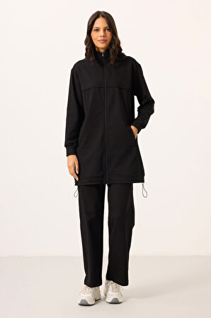 Siyah Dik Yaka Fermuarlı Pamuklu Kadın Eşofman Tunik Takım - 95346