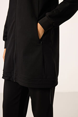 Siyah Dik Yaka Fermuarlı Pamuklu Kadın Eşofman Tunik Takım - 95346