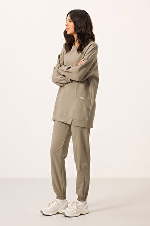 Koyu Bej O Yaka Basic Oversize Kadın Eşofman Tunik Takım - 95347